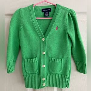 Ralph Lauren Girls Green Cardigan with Pink Pony